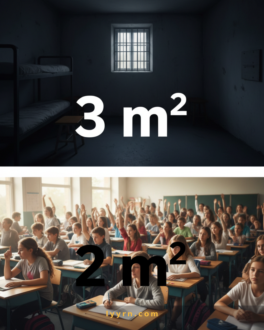 3 m² Mindestfläche pro Häftling — ~2 m² pro Schulkind. Beide Zahlen amtlich. (KI-Illustration) lyyrn.com
